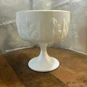 Vintage FTD 70s White Milk  Glass 3D Oak Pattern Pedestal Bowl Vase Candy Dish